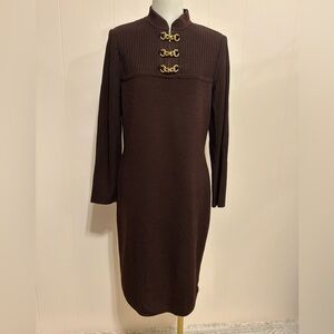 ST. JOHN collection by Marie Gray.Dark chocolate Dress with Gold Accents size 8